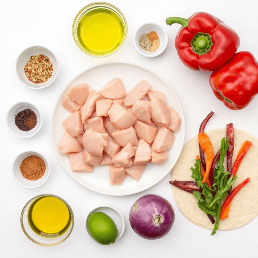 Flat lay of chicken fajita ingredients on a white background including peppers, onion, spices, lime, and tortillas