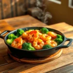 "One-pan honey garlic shrimp and broccoli in a cast iron skillet, glazed with honey garlic sauce, with vibrant green broccoli and shrimp, served with natural lighting."