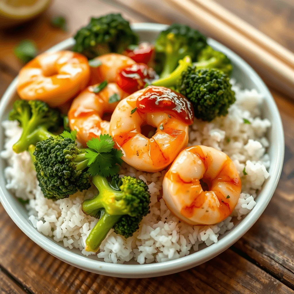 "Honey garlic shrimp and broccoli served over rice, garnished with fresh cilantro, in natural light."