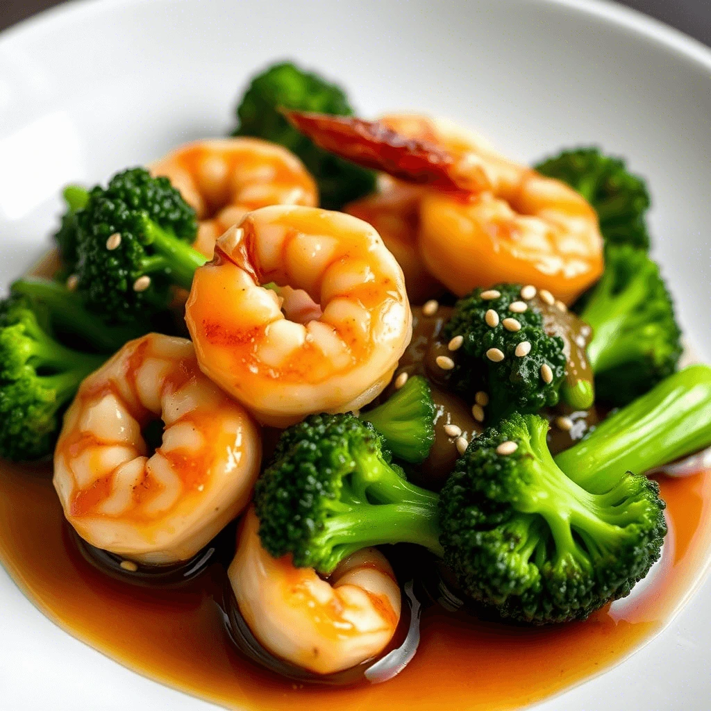"Plated honey garlic shrimp and broccoli, with a glossy glaze and a sprinkle of sesame seeds."