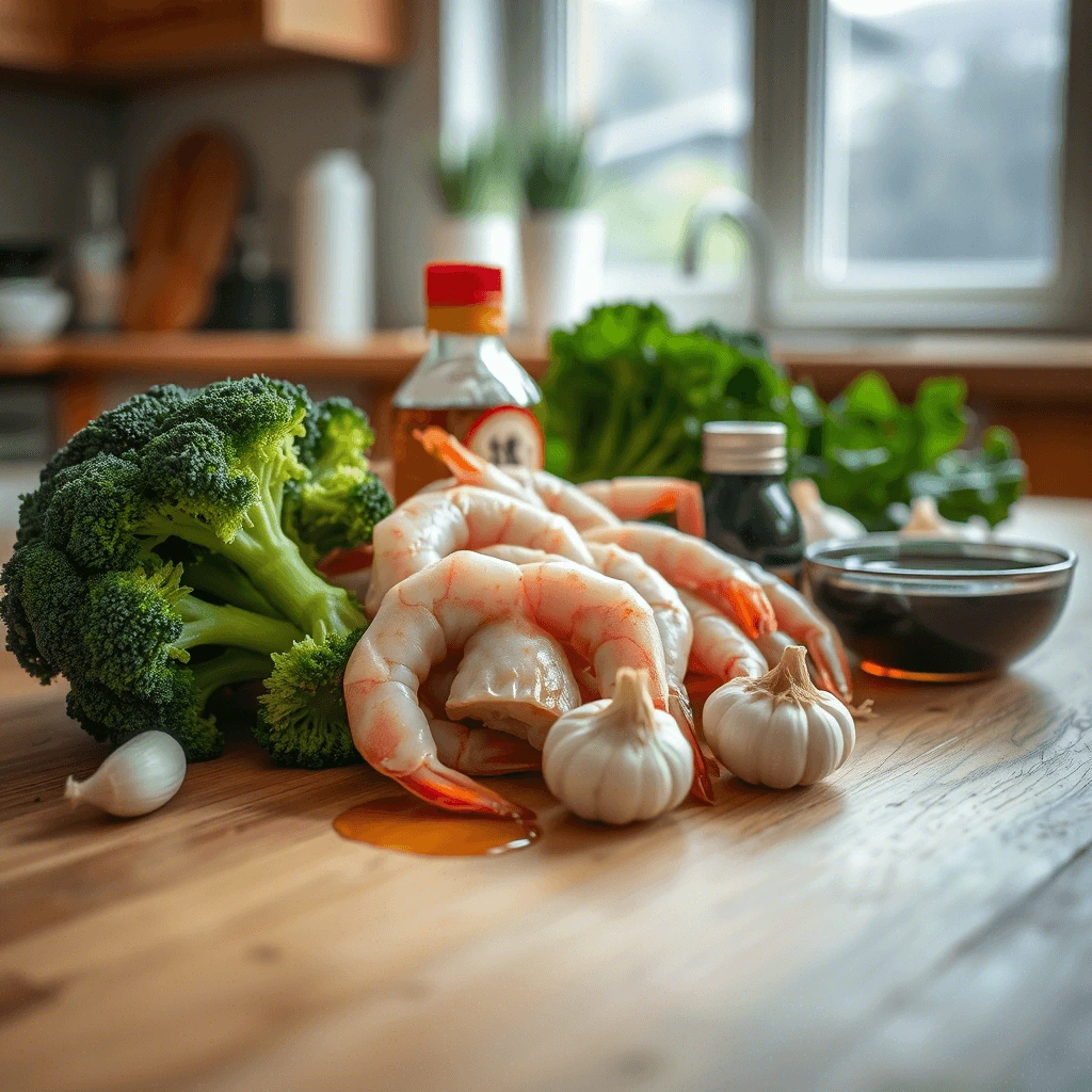 "Ingredients for honey garlic shrimp and broccoli laid out on a counter, including shrimp, broccoli, honey, garlic, and soy sauce."