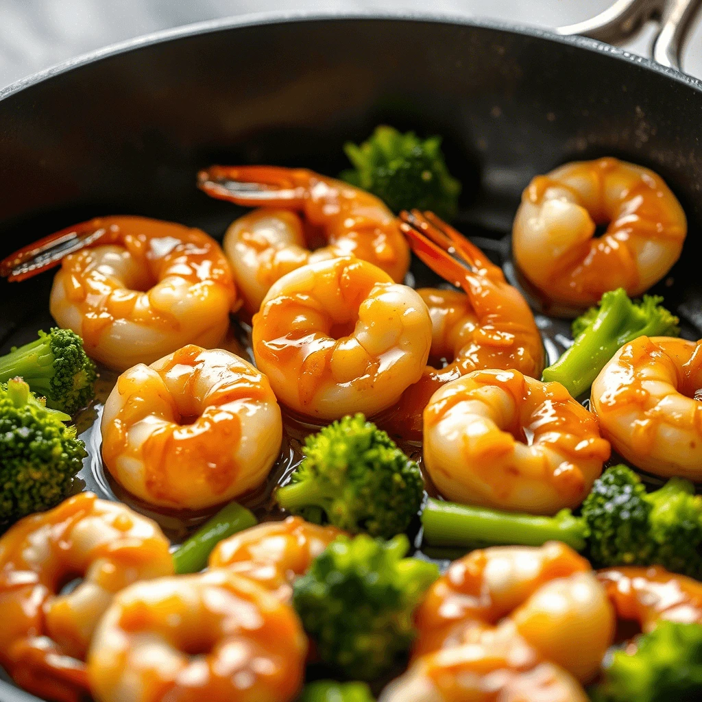 "Close-up of shrimp cooking in honey garlic sauce in a skillet, with bright green broccoli pieces."