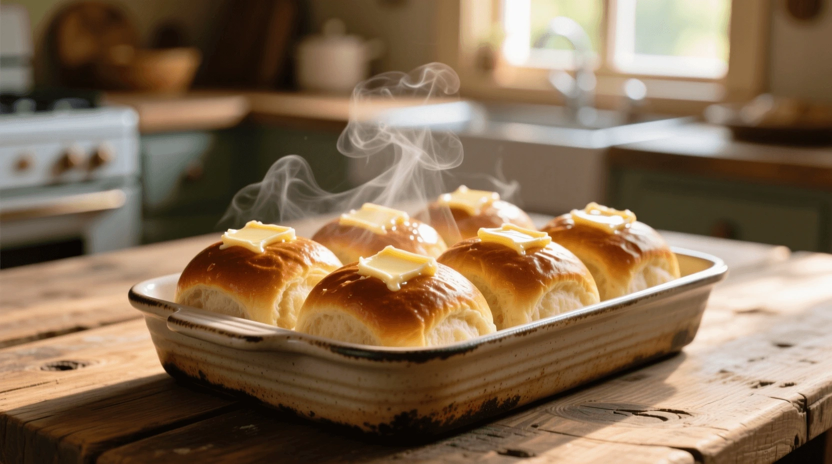 Golden brown homemade dinner rolls brushed with melted butter in a baking tray.