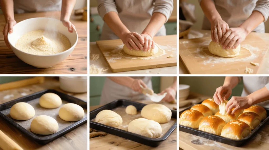 Step-by-step process of making dinner rolls – yeast activation, kneading dough, shaping, and golden baked rolls.