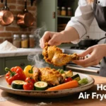 “Hands of a female chef serving crispy golden air fryer chicken with colorful roasted vegetables on a rustic plate, natural lighting, homey kitchen style”