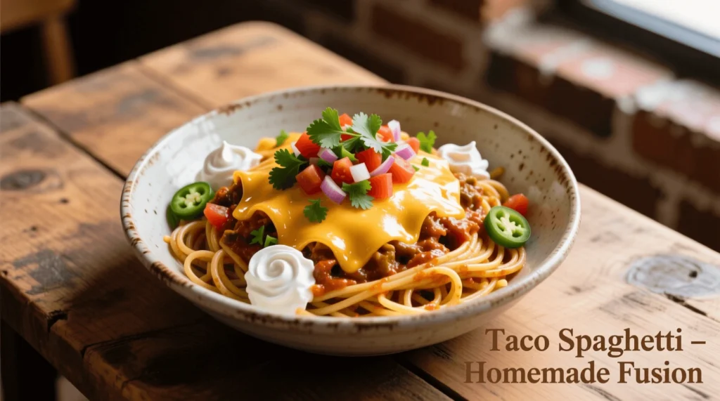 Overhead shot of cheesy Taco Spaghetti topped with cilantro and sour cream