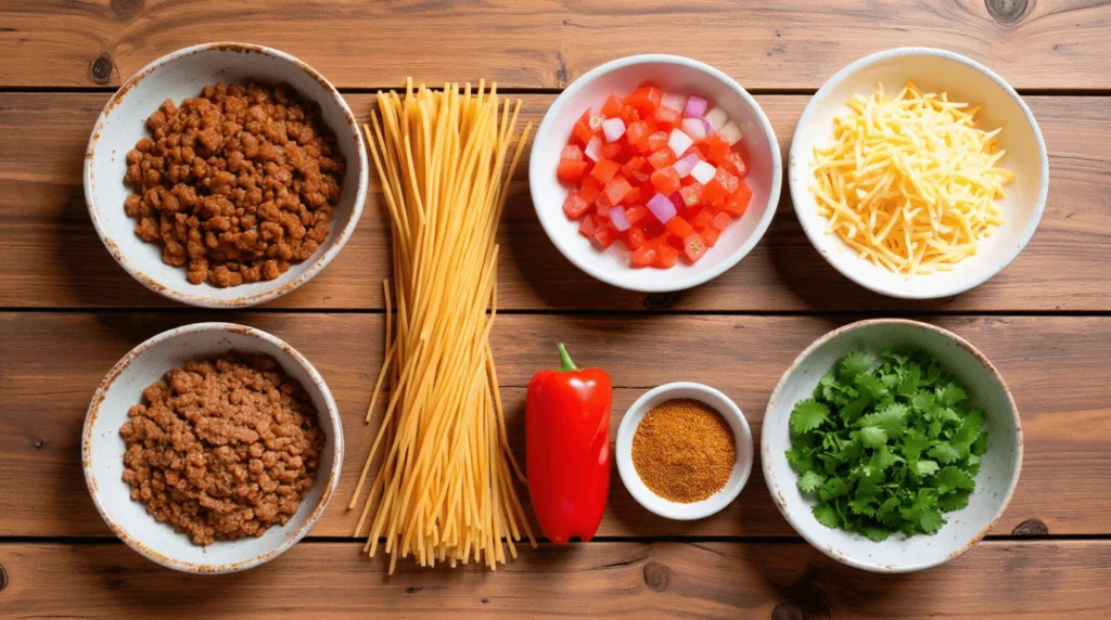 Taco Spaghetti ingredients laid out on a rustic wooden surface