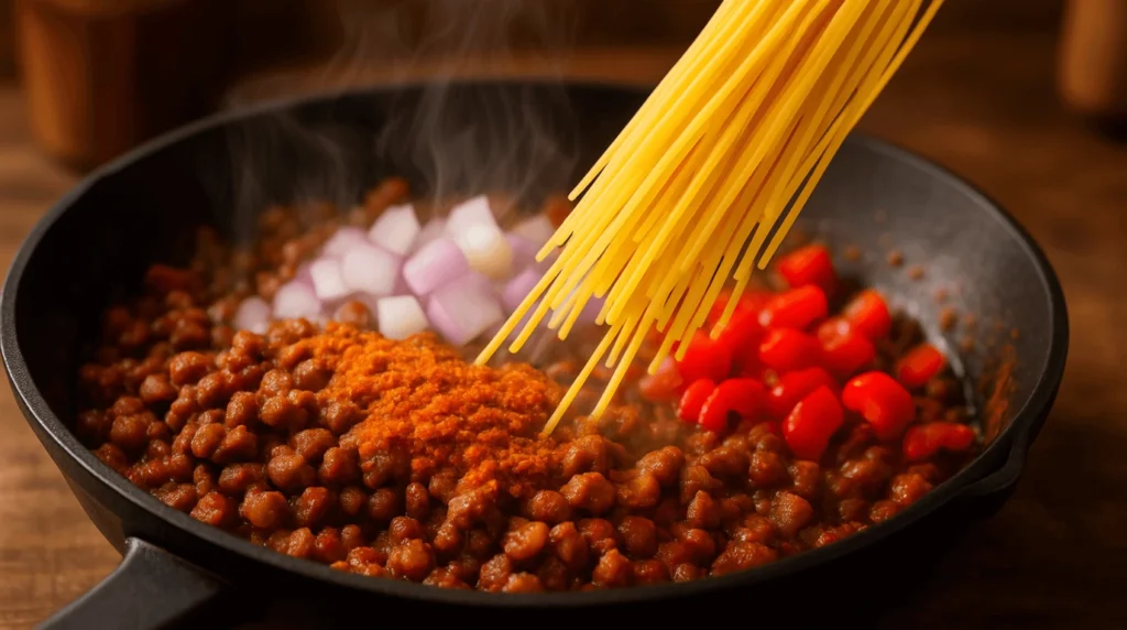 Ground beef with onions and peppers cooking in a skillet