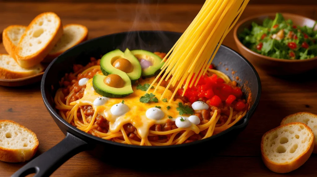 Taco Spaghetti served in a skillet with Tex-Mex toppings