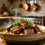 Juicy crockpot steak bites in garlic butter sauce with parsley and rosemary