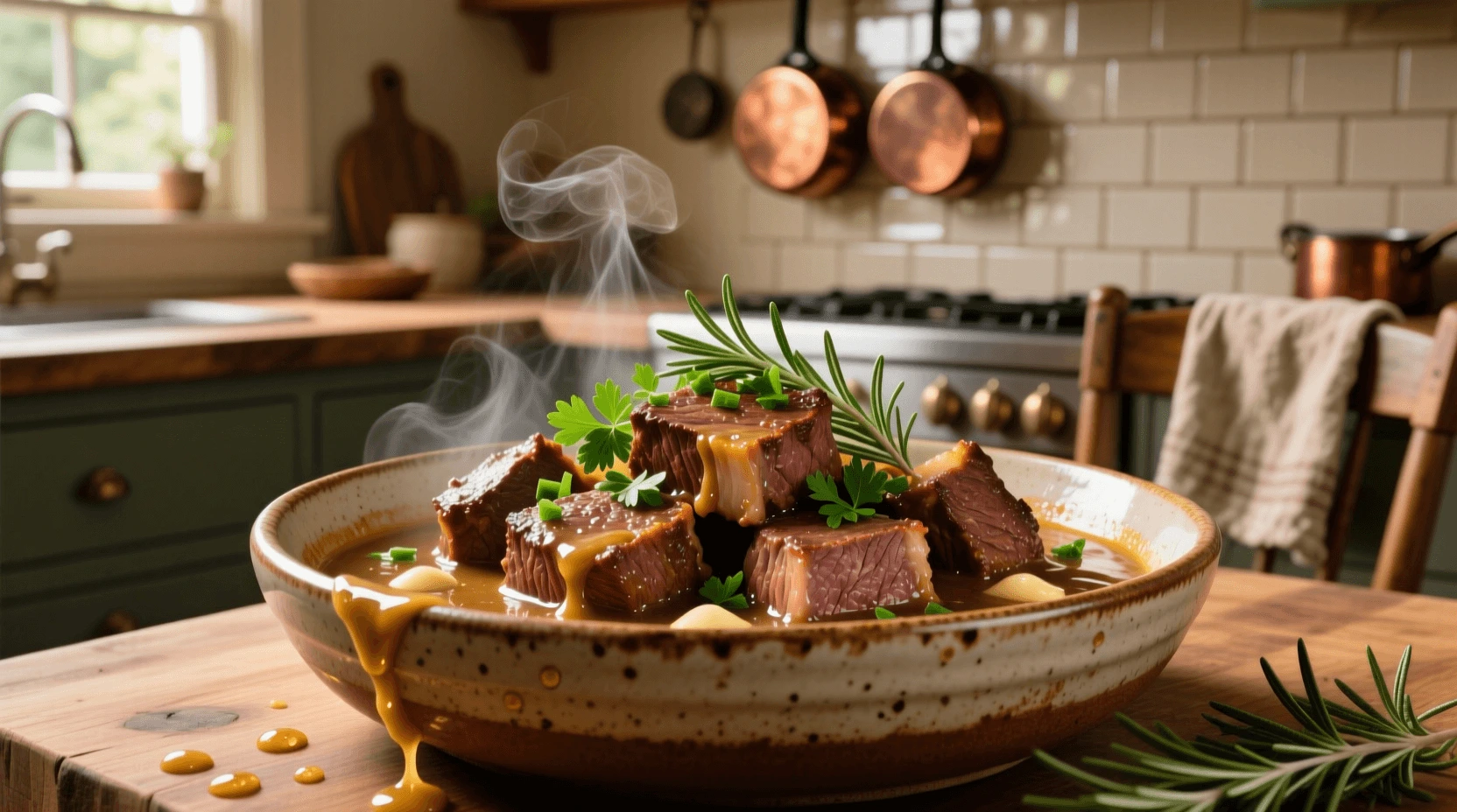 Juicy crockpot steak bites in garlic butter sauce with parsley and rosemary