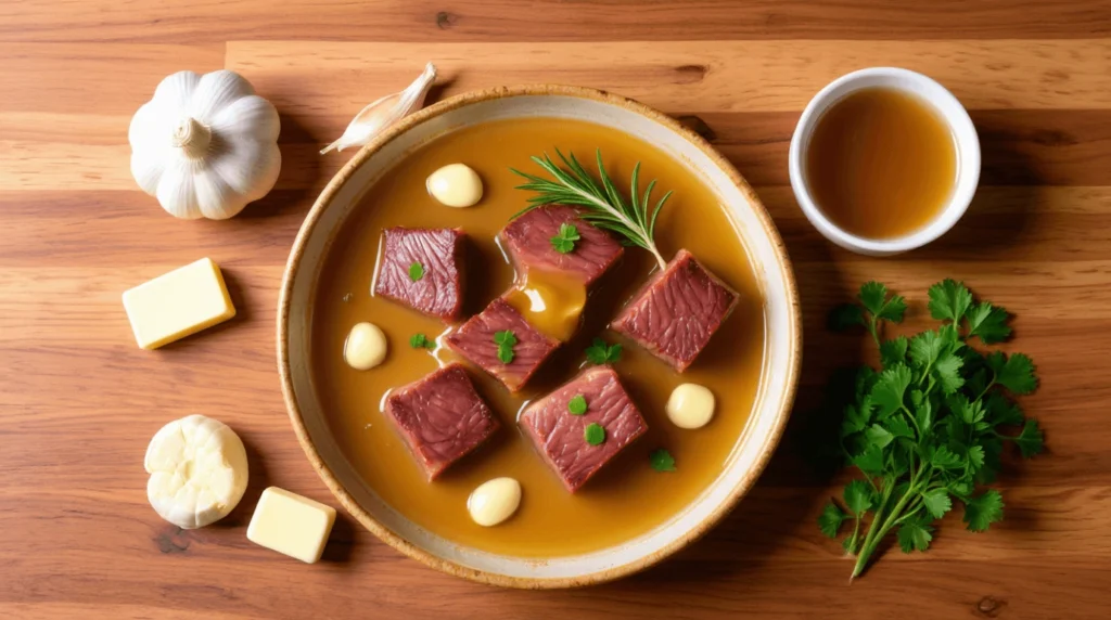 Fresh ingredients for crockpot steak bites on wooden counter