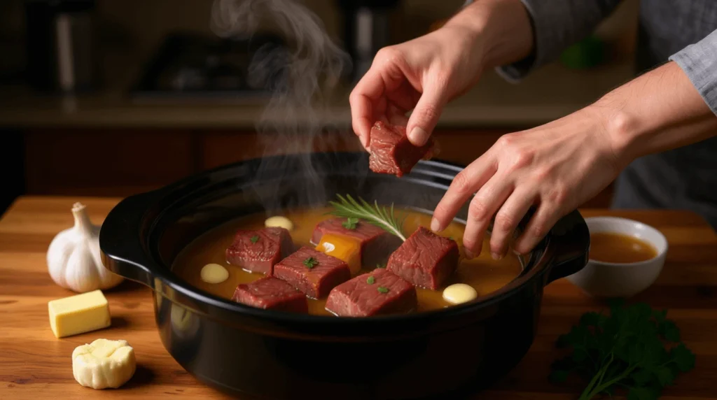 Adding steak and butter to a crockpot for slow cooking