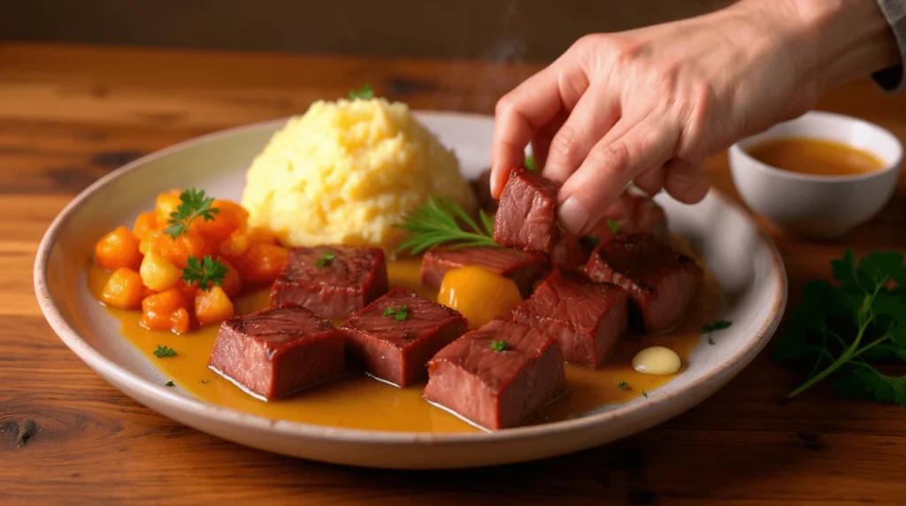 Plated crockpot steak bites with mashed potatoes and roasted vegetables