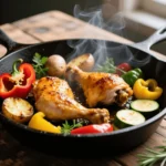 Cast-iron skillet with roasted chicken drumsticks, zucchini, peppers, and potatoes garnished with fresh herbs