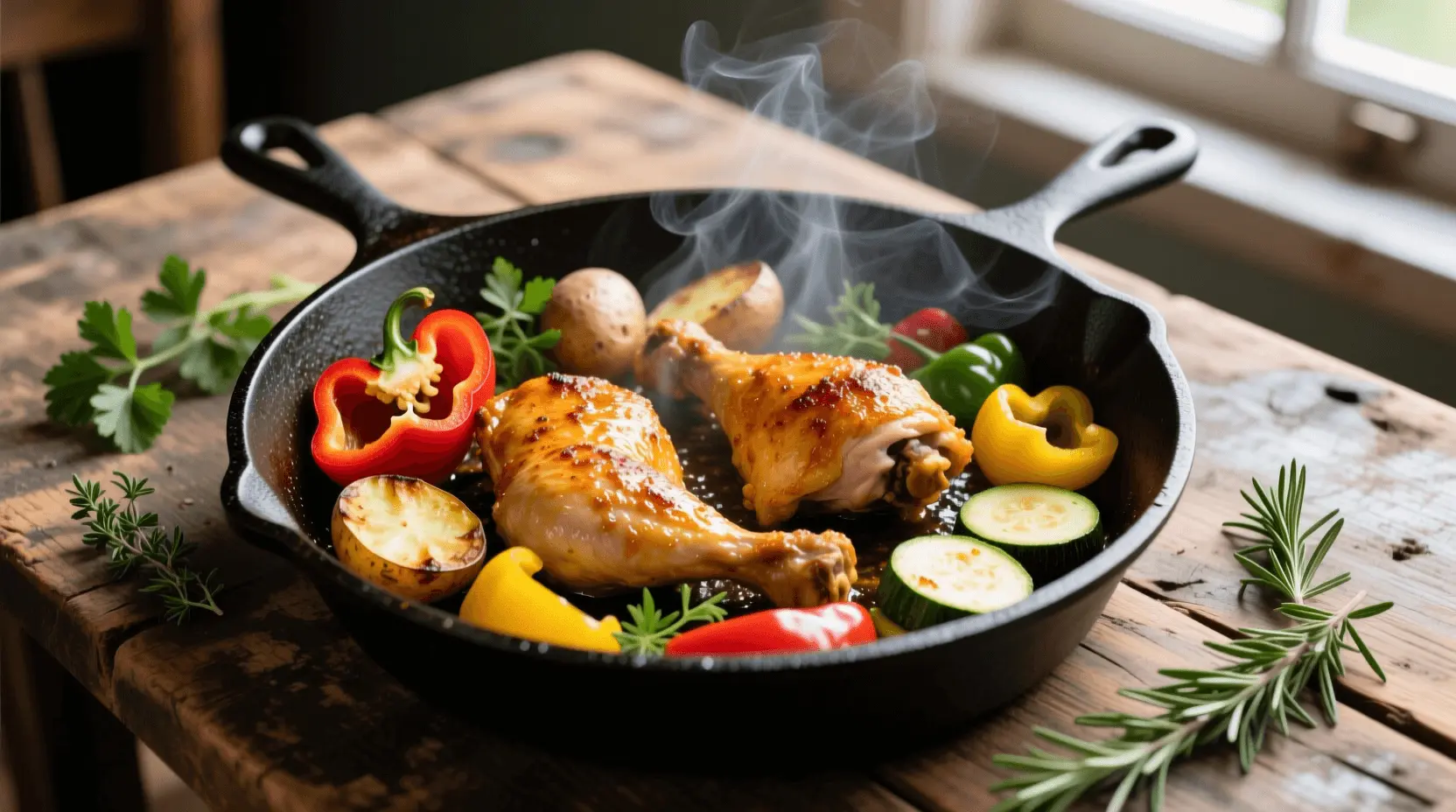 Cast-iron skillet with roasted chicken drumsticks, zucchini, peppers, and potatoes garnished with fresh herbs