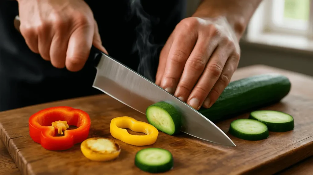 Hands chopping colorful vegetables for a one-pan dinner