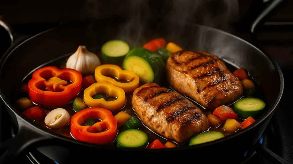 Chicken and vegetables sizzling in a cast-iron skillet