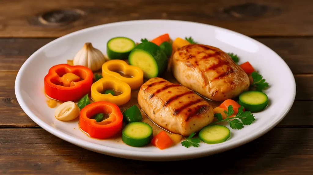 Ultra-realistic plated dinner, roasted chicken and vegetables served on a white ceramic plate, garnished with fresh parsley, rustic wooden table, shallow depth of field, professional lifestyle food photography style.