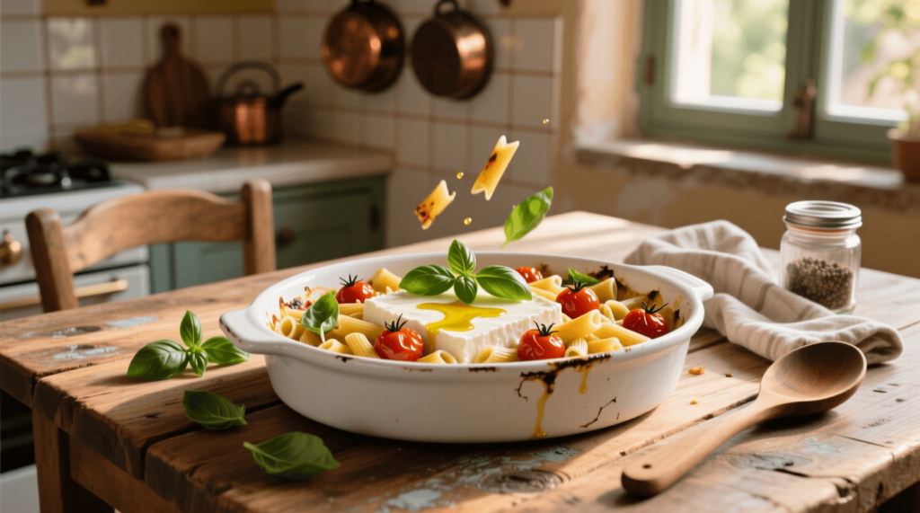 Baked feta pasta with roasted cherry tomatoes and fresh basil in a ceramic dish.