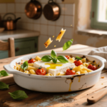 Baked feta pasta with roasted cherry tomatoes and fresh basil in a ceramic dish.