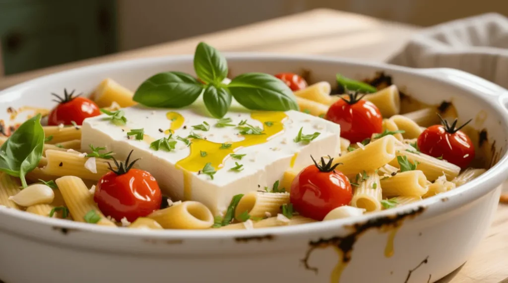 Feta cheese block with cherry tomatoes, garlic, and olive oil before baking.