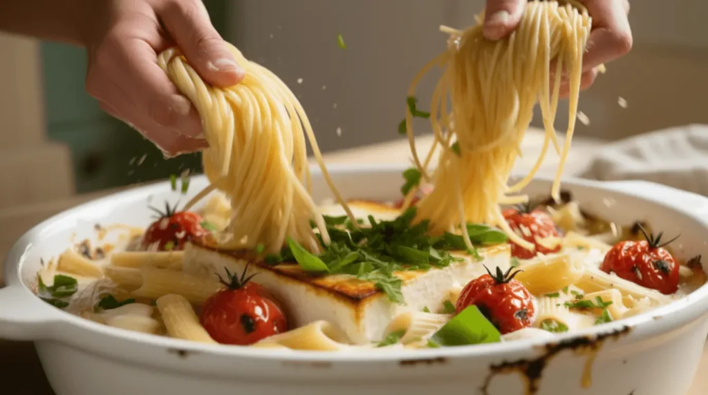 Pasta being tossed with baked feta and cherry tomatoes.