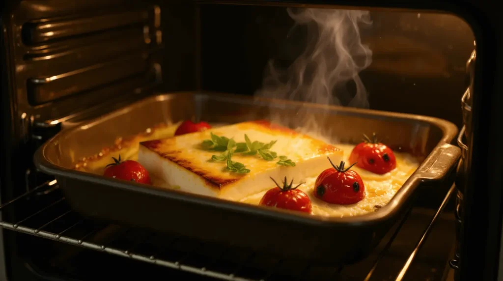 Baked feta with blistered cherry tomatoes fresh out of the oven.