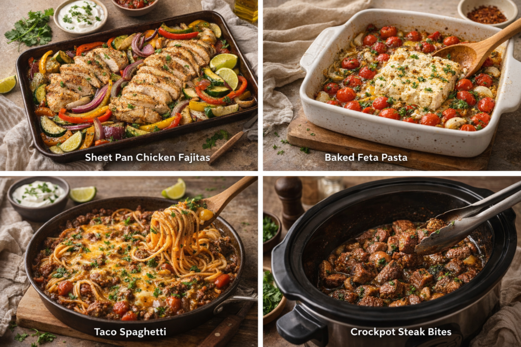 One-pan dinner recipes collage featuring sheet pan chicken fajitas, baked feta pasta, taco spaghetti, and crockpot steak bites