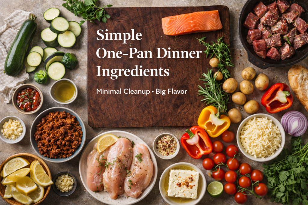 Simple one-pan dinner ingredients arranged on a cutting board with chicken, salmon, potatoes, vegetables, and olive oil
