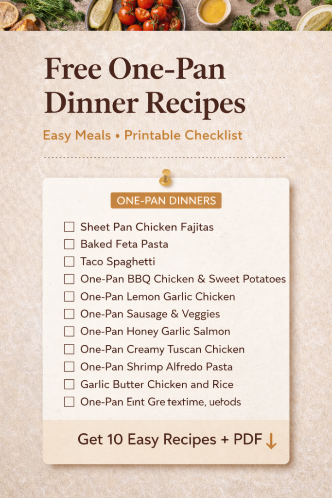 Printable checklist of free one-pan dinner recipes to save time on busy weeknights
