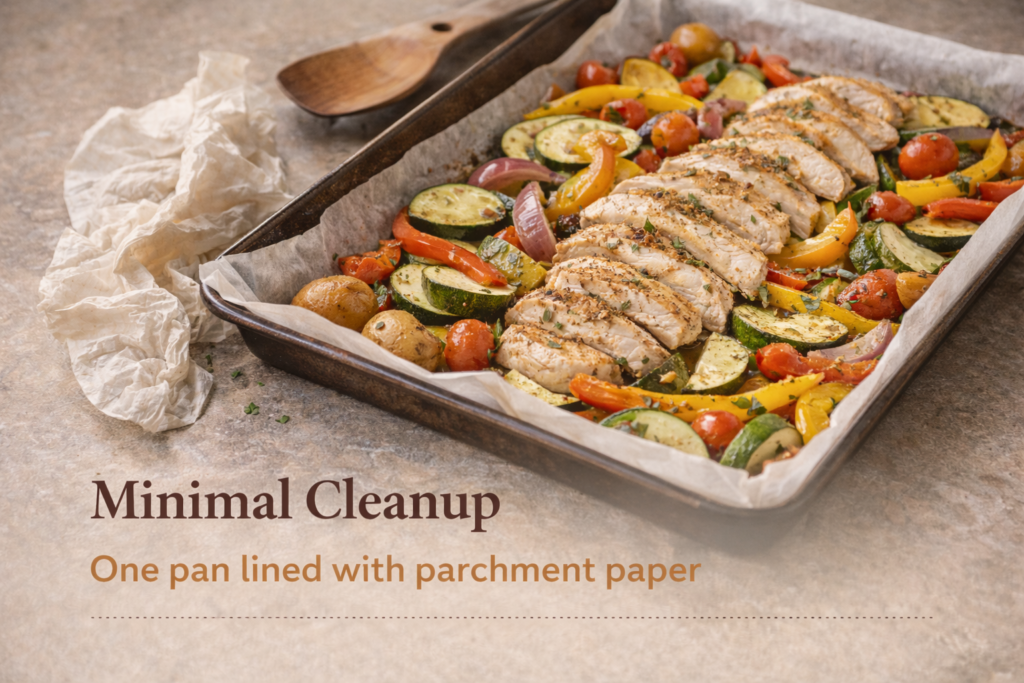 Minimal Cleanup One-Pan Dinner (Parchment Paper Tip) One-pan chicken and vegetables baked on a sheet pan lined with parchment paper for minimal cleanup