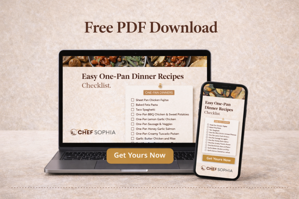 Free One-Pan Recipes PDF (Chef Sophia) Free one-pan dinner recipes PDF download shown on laptop and phone with Chef Sophia branding