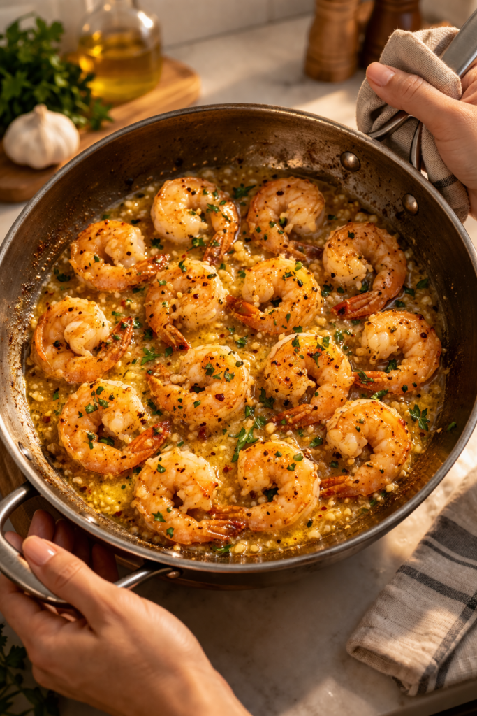 Garlic Butter Shrimp (10-Minute One) Juicy shrimp cooked in garlic butter, ready in just 10 minutes. Ingredients: 250g shrimp (peeled) 3 cloves garlic 2 tbsp butter Salt & pepper Lemon juice Parsley Instructions: Melt butter in a pan. Add garlic, cook 30 seconds. Add shrimp, cook 2–3 min each side. Season and add lemon juice. Sprinkle parsley and serve.