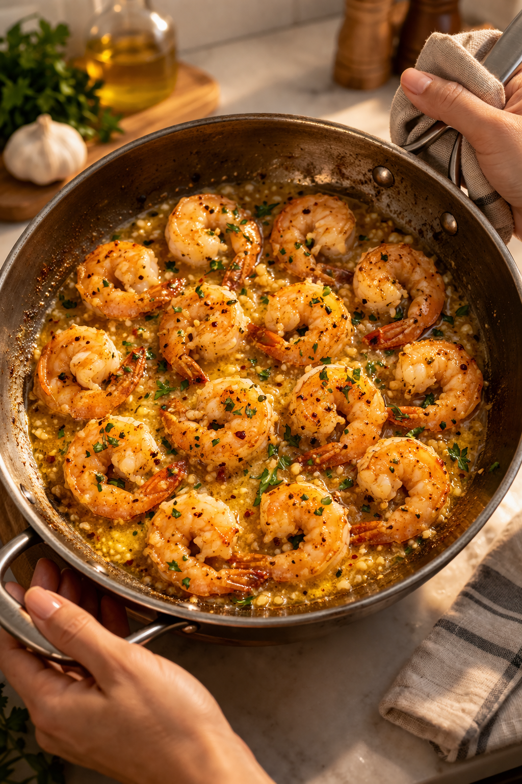 Garlic Butter Shrimp (10-Minute One) Juicy shrimp cooked in garlic butter, ready in just 10 minutes. Ingredients: 250g shrimp (peeled) 3 cloves garlic 2 tbsp butter Salt & pepper Lemon juice Parsley Instructions: Melt butter in a pan. Add garlic, cook 30 seconds. Add shrimp, cook 2–3 min each side. Season and add lemon juice. Sprinkle parsley and serve.