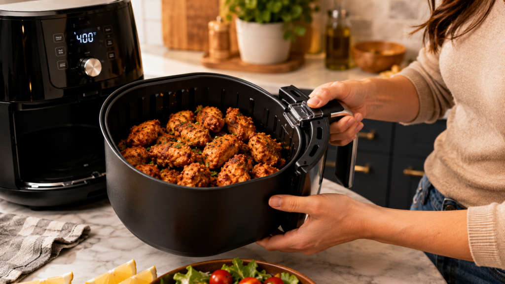 Cooking easy chicken bites in an air fryer.
