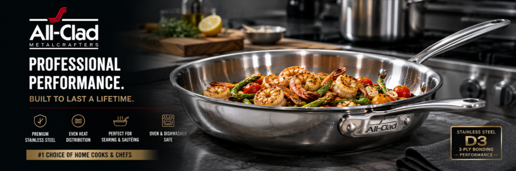 All-Clad D3 stainless steel fry pan searing shrimp and vegetables in a professional kitchen, premium cookware for one-pan meals.