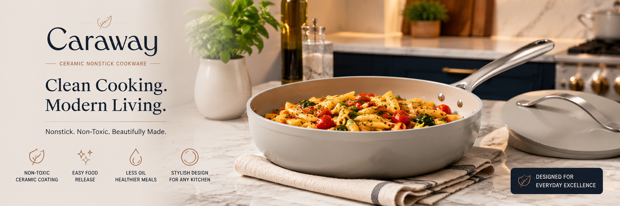 Caraway ceramic nonstick pan cooking colorful pasta in a modern kitchen, ideal cookware for easy one-pan meals.