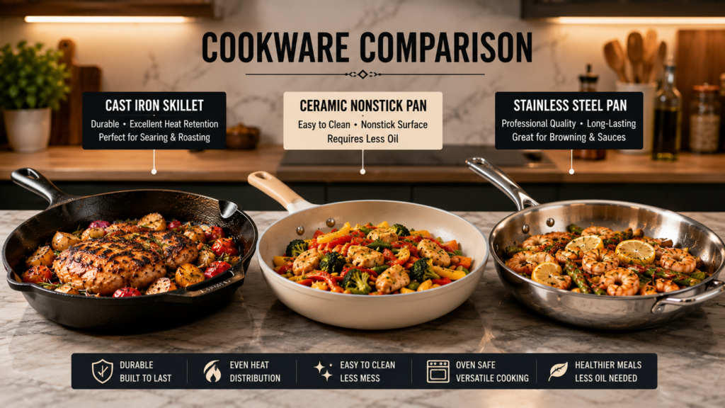 Best cookware for one-pan meals comparison showing cast iron, ceramic nonstick, and stainless steel cookware.