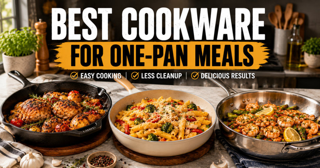 Best cookware for one-pan meals featuring cast iron skillet, ceramic nonstick pan, and stainless steel fry pan in a modern kitchen.