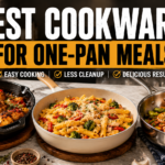 Best cookware for one-pan meals featuring cast iron skillet, ceramic nonstick pan, and stainless steel fry pan in a modern kitchen.